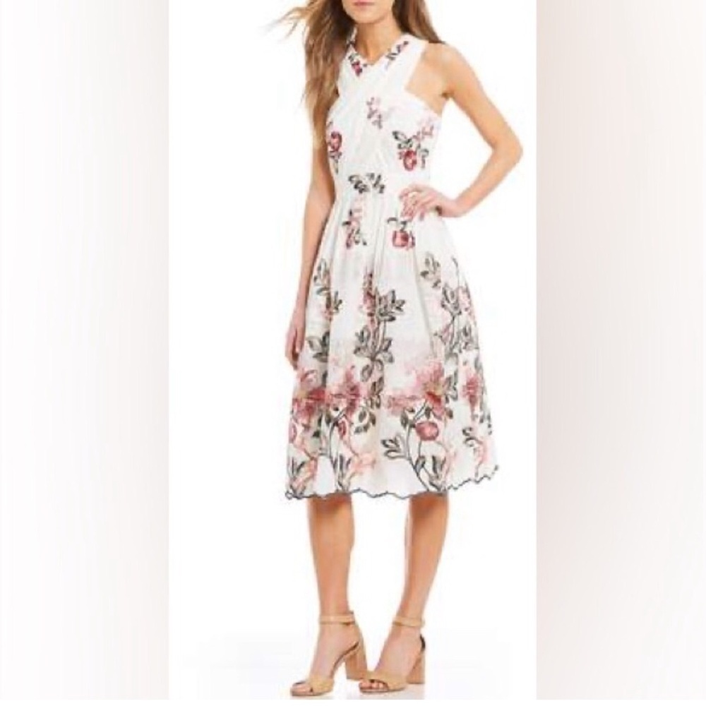 NEW Antonio Melanie ivory burgundy embroidered floral sleeveless dress Sz 6
